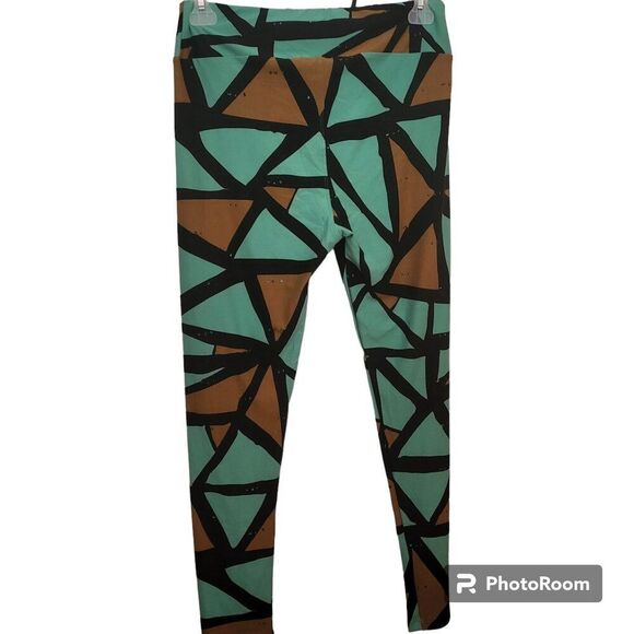 LuLaRoe Green & Brown Triangle Pattern Tall & Curvy Leggings - Picture 2 of 5